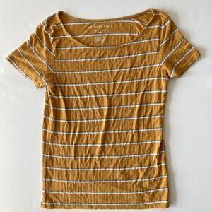 AEO Women's Mustard Yellow Striped Soft & Sexy Rib Short Sleeve T-Shirt Size XXS